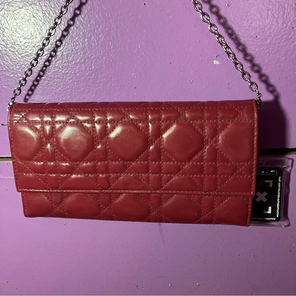 Christian Dior patent cannage lady Dior wallet on chain
